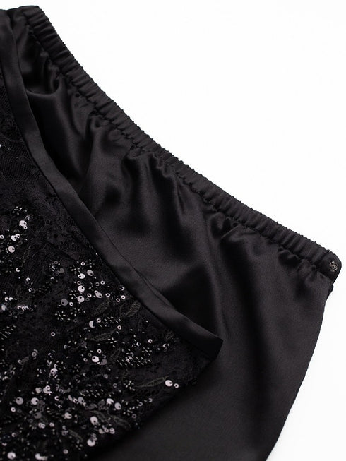 Black Sequin Lace Overlay Midi Skirt – Detachable Double-Layer Evening Statement Skirt