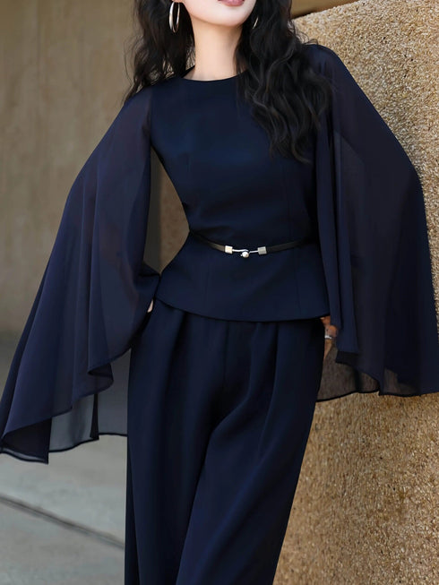 Designer Cape-Sleeve Sheer Panel Top & Wide-Leg Pants Set – Elegant Office Two‑Piece Suit