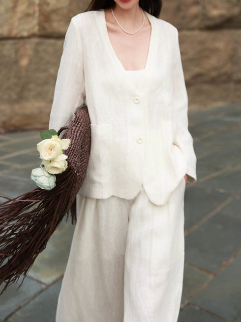 100% Linen Relaxed V-Neck Blazer & Wide-Leg Pants Set – Effortless Resort Tailored Ensemble