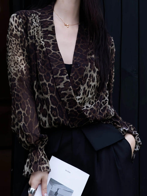 Luxury 100% Mulberry Silk Leopard Print Blouse – Designer V‑Neck Draped Silk Top for Women