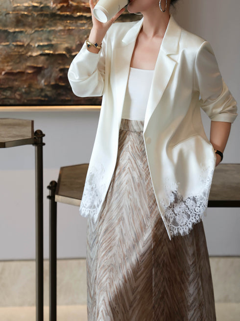 Luxury White Acetate Lace-Trim Blazer – Elegant Tailored Women’s Statement Jacket