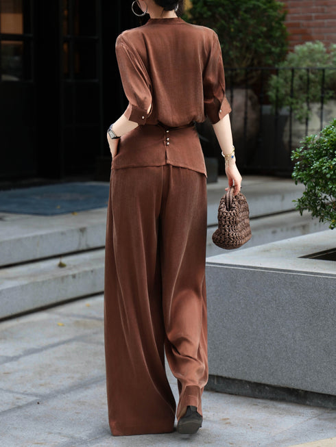 Cupro V‑Neck Draped Top & Wide‑Leg Pants Set – Elegant Cross‑Waist Two‑Piece Ensemble