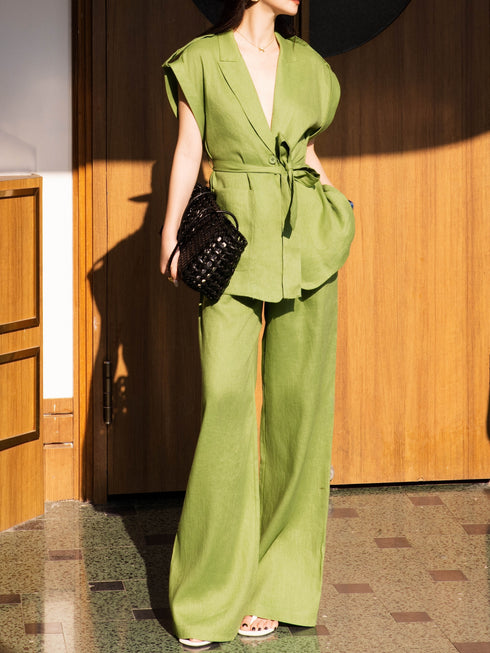 100% Linen Relaxed Tailored Vest & Wide-Leg Pants Set – Sleeveless Belted Summer Suit