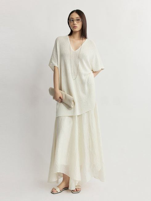 Washi Silk-Cotton Knit Tunic T-Shirt – Relaxed Openwork V-Neck Luxe Summer Top