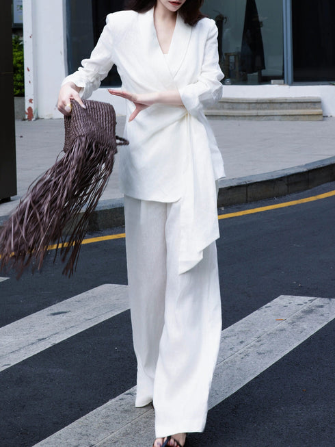 Old Money Linen Wrap Blazer & Wide-Leg Pants Set – 100% Linen Relaxed Tailored Suit for Women