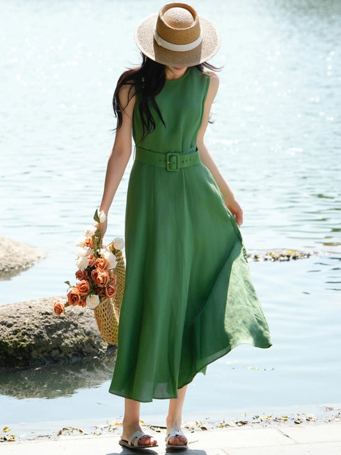 100% Linen Sleeveless Belted Midi Dress – Elegant Waist-Cinched Summer A-Line Dress