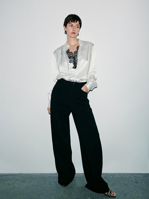 Elegant 22MM Silk Crepe de Chine Shirt – Draped Lace Spliced Faux Two-Piece Design