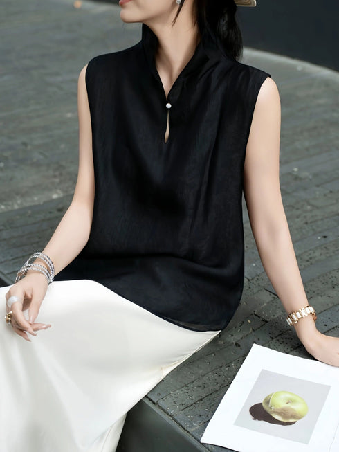 Silk-Texture Jacquard Mandarin Collar Sleeveless Blouse – Lightweight Double-Layer Summer Top
