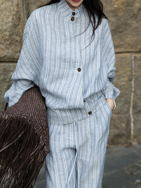 Striped Linen-Cotton Relaxed Shirt & Wide-Leg Pants Set – Minimal Stand Collar Lounge Suit