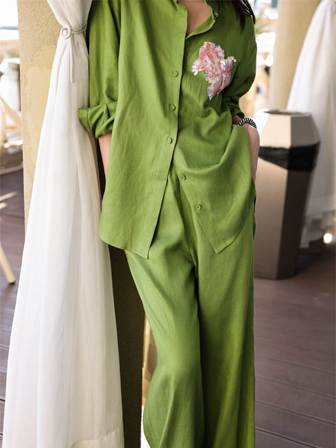 100% Linen Relaxed Embroidered Shirt & Wide-Leg Pants Set – Luxury Linen Two-Piece Outfit