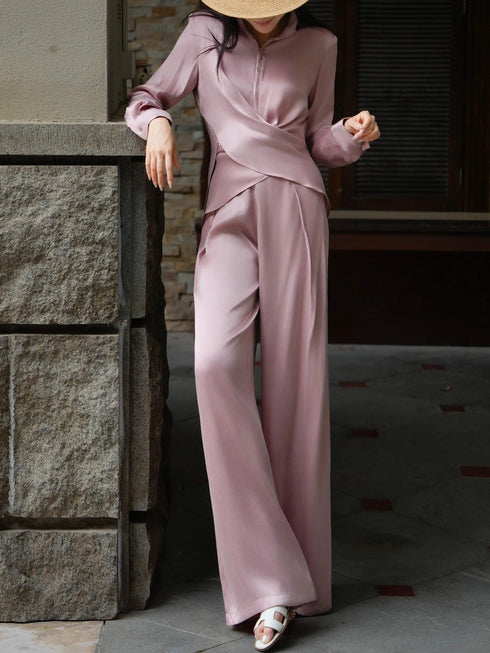 Cupro Draped Wrap-Collar Top & Wide-Leg Pants Set – Effortless Luxury Two‑Piece Ensemble