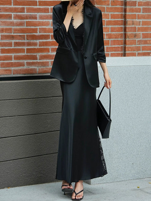 Luxury Acetate Lace-Panel Blazer & High-Waist Fishtail Skirt Set – Elegant Tailored Two-Piece Suit