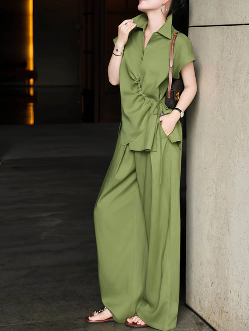100% Linen Twisted-Drape Shirt & Wide-Leg Pants Set – Elegant Summer Formal Two-Piece Outfit