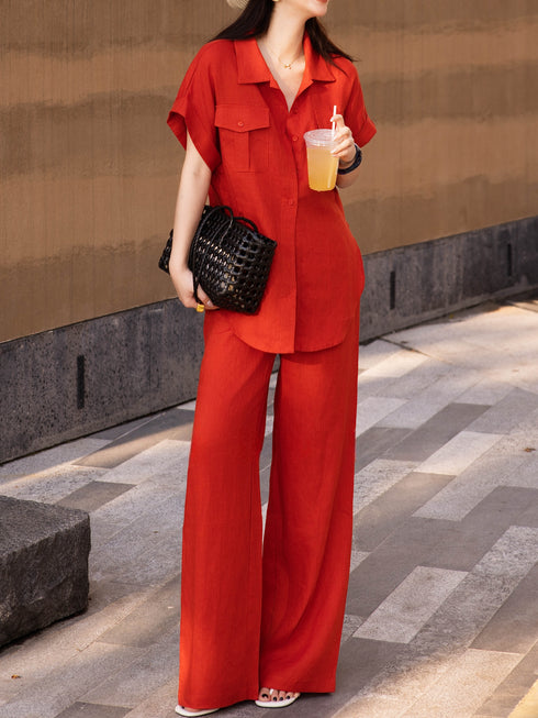 100% Linen Utility Shirt & Wide-Leg Pants Set – Minimalist Summer Tailored Two-Piece