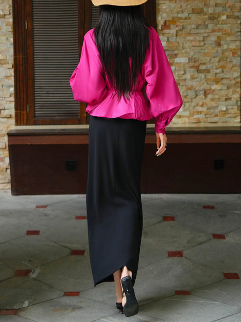 French Batwing Sleeve Cinched-Waist Blouse – Elegant V-Neck Draped Feminine Top