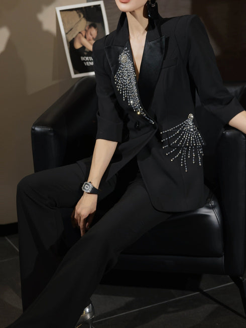 Luxury Crystal-Embellished Tailored Blazer & Flared Pants Suit – High-End Women's Power Set