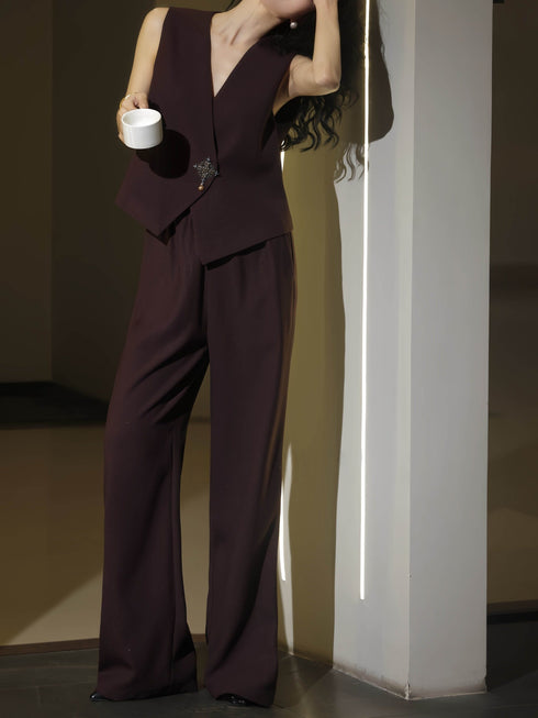 Acetate Tailored Vest & Straight-Leg Pants Set – Minimalist Luxury Sleeveless Suit Ensemble