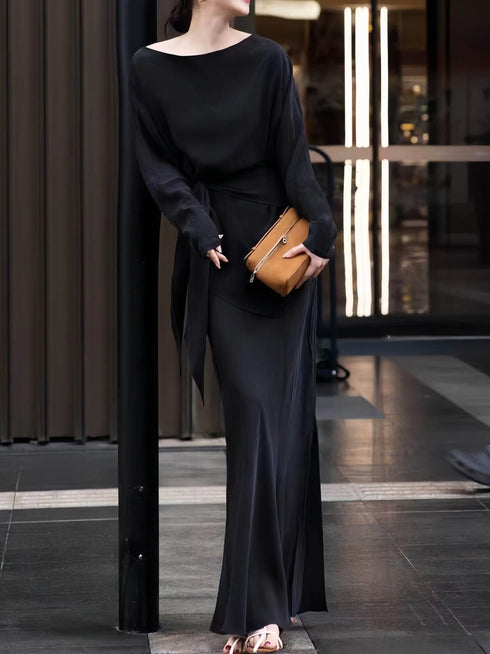 Luxury Cupro Batwing Top & Slim Maxi Skirt Set – Elegant Off-Shoulder Draped Two-Piece Outfit