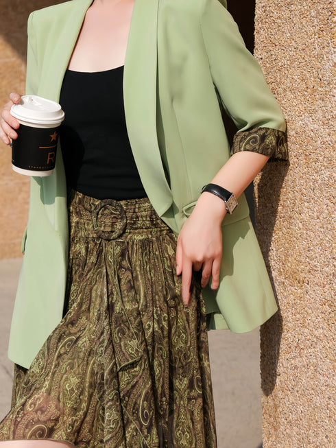 Elegant Sage Green Blazer & Paisley Print Maxi Skirt Two‑Piece Set – Women's Designer Workwear Suit