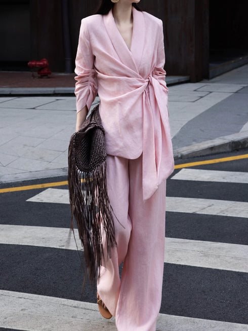Old Money Linen Wrap Blazer & Wide-Leg Pants Set – 100% Linen Relaxed Tailored Suit for Women