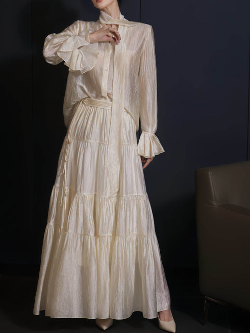 Elegant Tie-Neck Petal Sleeve Blouse & Flowing A-Line Maxi Skirt Set – Luxury Acetate Two‑Piece Ensemble
