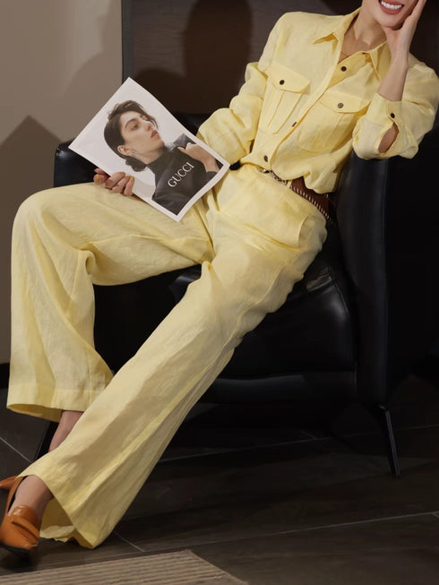 100% Linen Relaxed Shirt & Wide-Leg Pants Set – Luxury Summer Linen Two-Piece Outfit