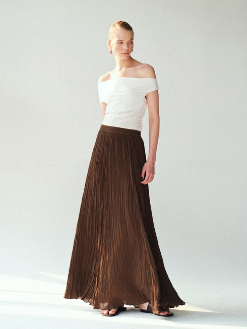 Soft-Lustre Island Silk Pleated Maxi Skirt – Irregular A-Line Resort Skirt in White