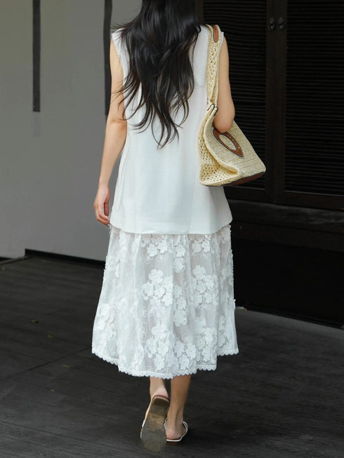 Minimalist Linen & Floral Lace Patchwork Midi Dress – Elegant Sleeveless Summer Dress