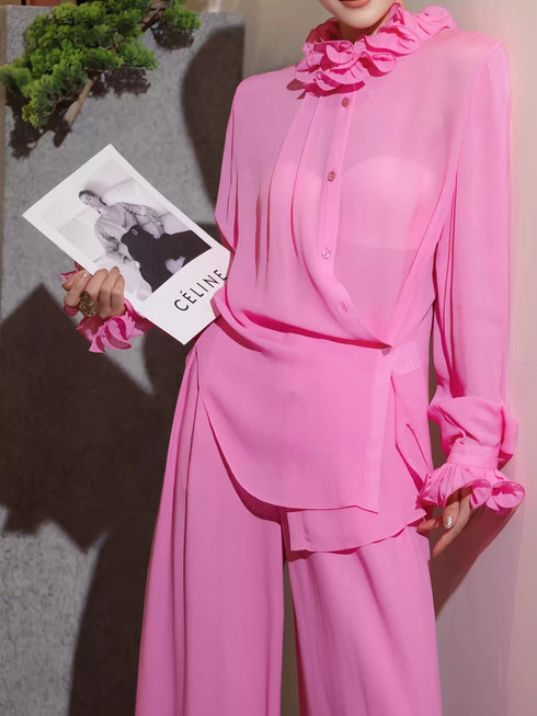 French Elegance Polka Dot Ruffle Blouse & Wide-Leg Pants Set – Effortless Spring Summer Statement Suit
