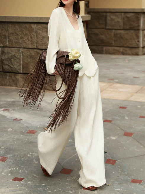 100% Linen Relaxed V-Neck Blazer & Wide-Leg Pants Set – Effortless Resort Tailored Ensemble