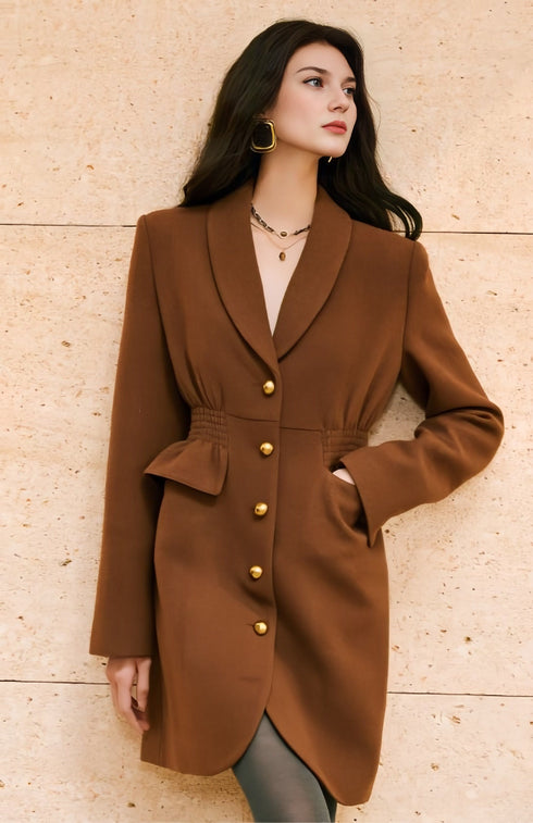 Natural Brushed-Wool Single-Face Coat Dress with Quiet-Luxury Shawl Collar and Metallic Button Waist Detail