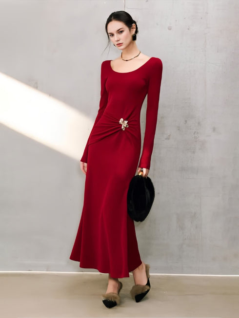 Shimmer Diamond-Twill A-Line Dress with Custom U-Neck and Metallic Pin Detai
