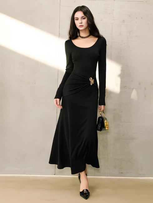 Shimmer Diamond-Twill A-Line Dress with Custom U-Neck and Metallic Pin Detai