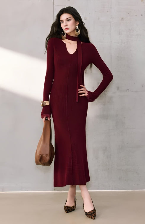 Shimmery Wool Waffle-Texture Maxi Dress with V-Neck Tie and Lace Trim