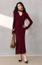 Shimmery Wool Waffle-Texture Maxi Dress with V-Neck Tie and Lace Trim