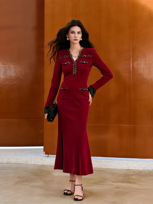 Luxury Silver-Tweed V-Neck Fitted Mermaid Dress with Handcrafted Ribbon Trim