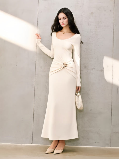 Shimmer Diamond-Twill A-Line Dress with Custom U-Neck and Metallic Pin Detai