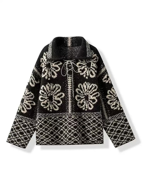 Paris Snow Velvet Fair Isle Knit | French-Style Tie Polo Collar Loose Slimming Pullover Sweater