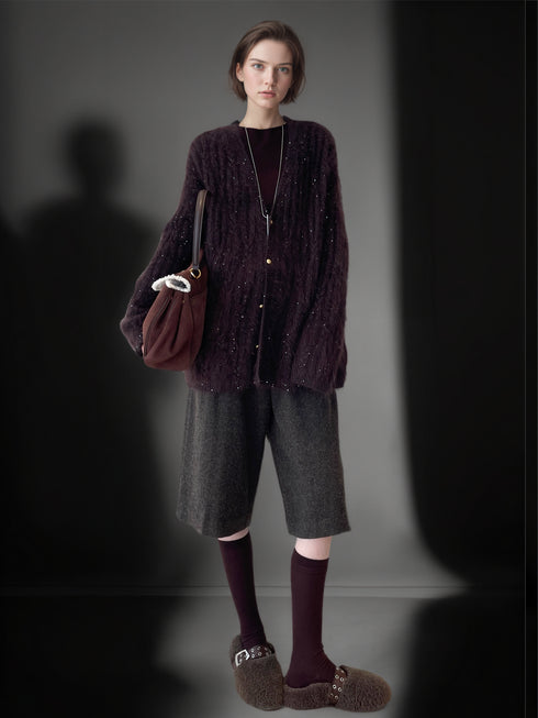 Women’s Luxury Mohair Blend Sequin Cardigan | Soft Shimmer Knit Sweater with Metallic Thread