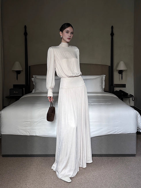 French-Style Satin Ruched Long-Sleeve Maxi Dress for Women – Elegant Pleated Evening-Inspired Fall Outfit