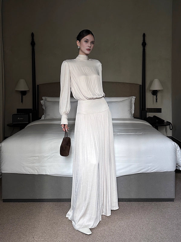 French-Style Satin Ruched Long-Sleeve Maxi Dress for Women – Elegant Pleated Evening-Inspired Fall Outfit