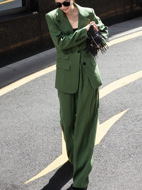 Old Money Style Fashion Set – Autumn 100% Linen Loose Blazer & Wide-Leg Pants for Work