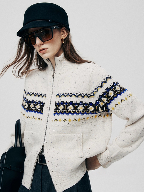 Christmas Love Letter | Premium Wool Artistic Speckled Yarn Fair Isle Luxury Craft Stand Collar Cardigan – Holiday Knitwear