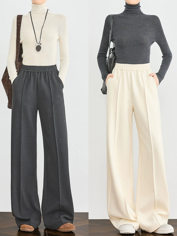 Women's High-Waist White Acetate-Wool Casual Pants – Extended Draped Floor-Length Loose Straight Trousers for Winter