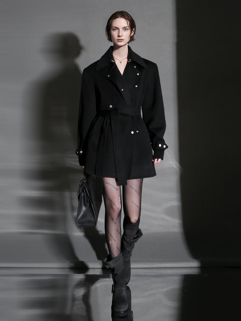 French Minimalist Chic Wool Coat for Women – Double-Faced Cashmere Overcoat with Lapel and Metal Buttons, Fall Winter Elegant Outerwear