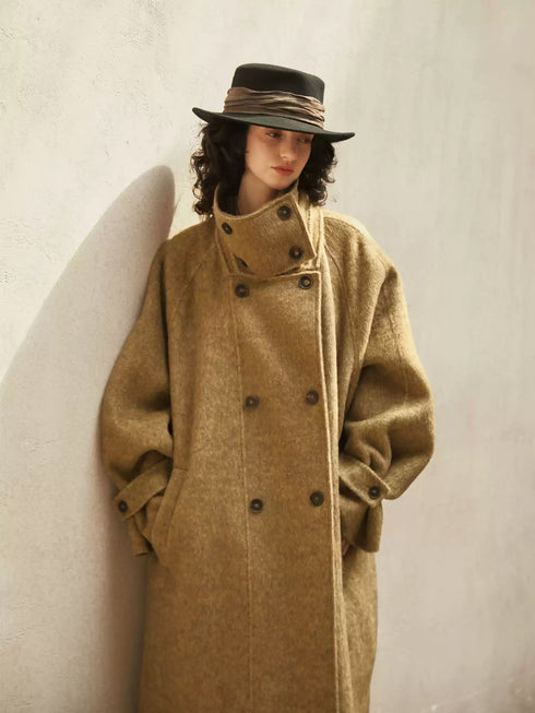 Vintage Double-Breasted Wool Cashmere Blend Coat for Women – Winter New Loose Silhouette, Mid-Length Double-Faced Wool Overcoat