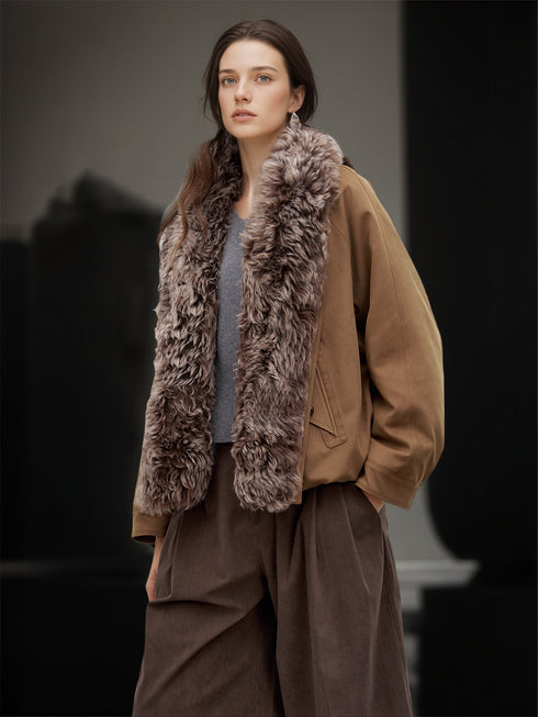 Women’s Short Down Parka with Shearling and Fur Collar | 90% White Goose Down Winter Coat