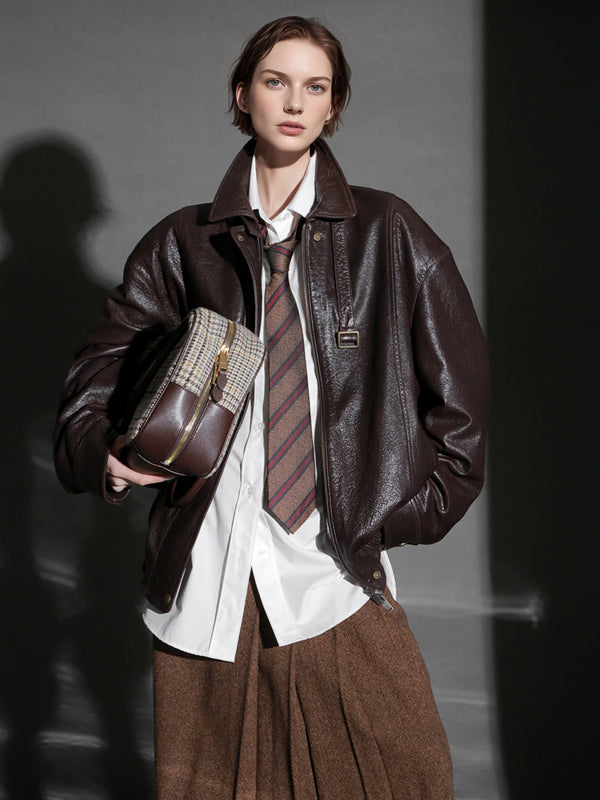 Luxury Collection Vegetable-Tanned Sheepskin Leather Jacket for Women – Stylish Webbing Trim Moto Outerwear