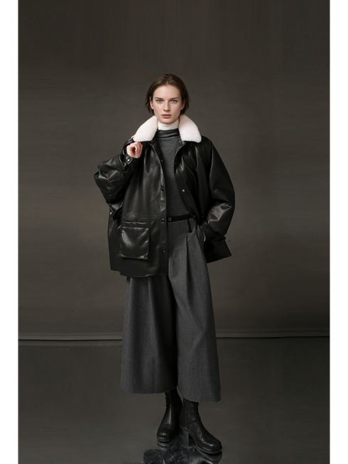 Women’s Biker-Style Shearling Down Jacket – Trendy Short White Goose Down Coat for Winter
