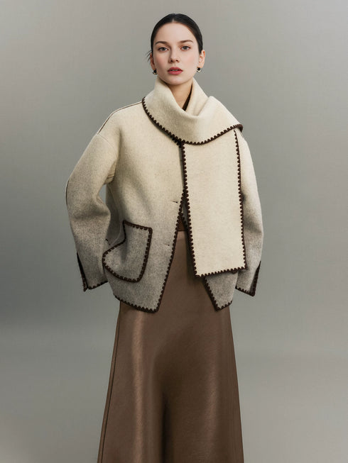 Women's Minimal Luxury Gradient Wool Double-Faced Coat with Detachable Color-Block Scarf – Mid-Length Winter Overcoat